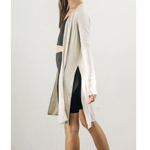 Joah Brown Luna Ribbed Open Front Duster Cardigan Sz S/M Tan Side Slits Boho - Picture 2 of 14